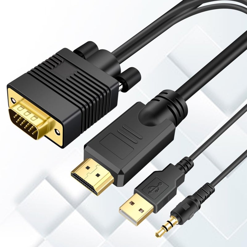 Kirzi كابل VGA (المصادر) إلى HDMI (العرض) بطول 3 أقدام مع صوت، محول كابل VGA إلى HDMI متوافق جيدًا مع الكمبيوتر/البروجيكتور/اللابتوب إلى الشاشة/التلفاز، سطح المكتب - Image 1